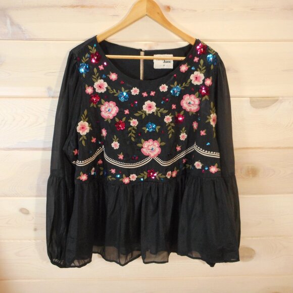 Savanna Jane Blouse Women’s 3X Black Floral Embroidery Boho Peasant Long Sleeve - Picture 1 of 13